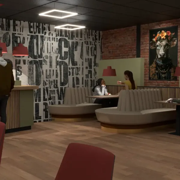 Interieurontwerp schoolcafé Damstede Lyceum met warme materialen
