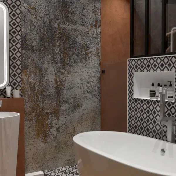 Het uitzicht vanuit bed naar de open badkamer