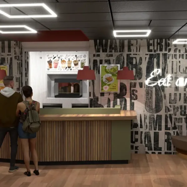 Sfeervol schoolcafé interieur Damstede Lyceum met maatwerk bar