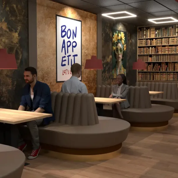 Loungecafé Damstede Lyceum met ronde zitbanken en café sfeer